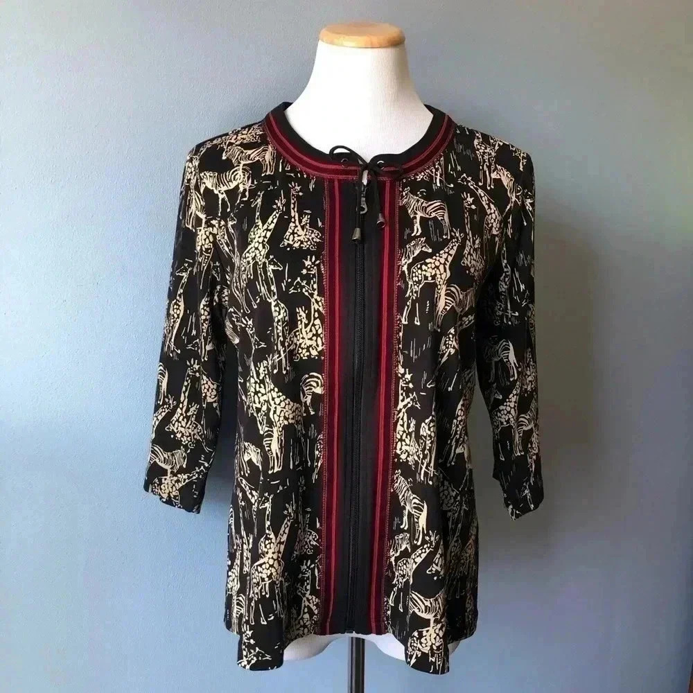 Christopher & Banks Zip Front Top Women Large Black Safari Animal Print Cotton